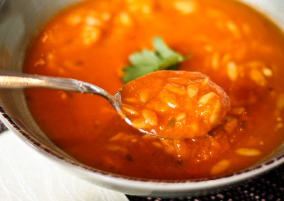 Roast tomato leek and risoni soup